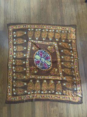 Vintage Pure Silk Govt Iran Paisley Square 45in scarf Brown Yellow Pink 70s